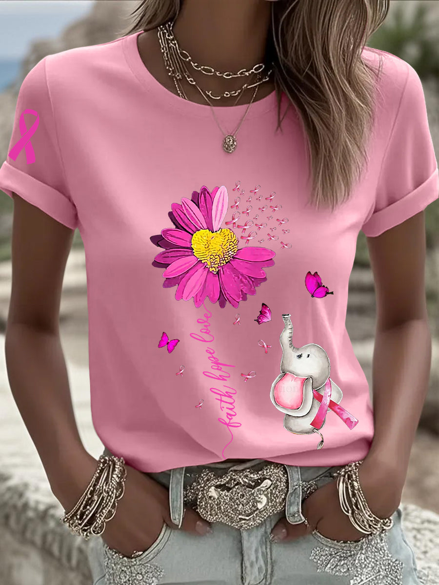 T-shirt à manches courtes pour femmes avec ruban rose tournesol sensibilisation au cancer du sein
