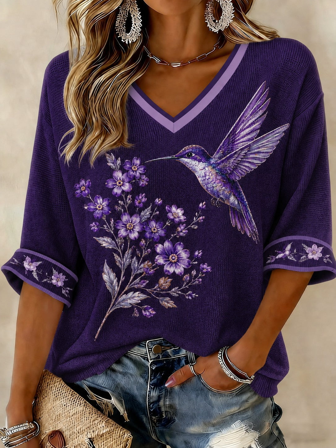 T-shirt Femme Imprimé Fleurs Maladie d'Alzheimer Manches Mi-longues à Col V