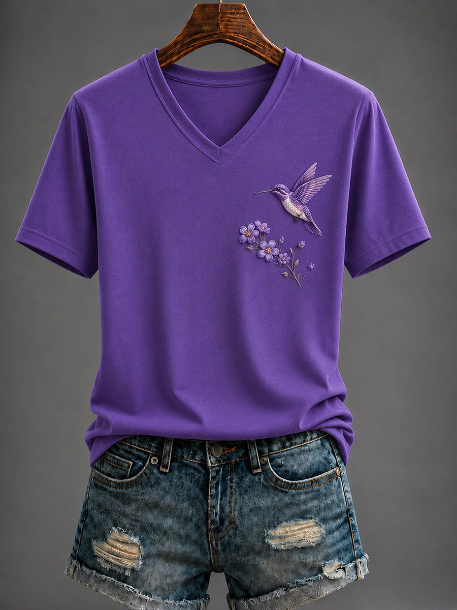 T-shirt à col en V imprimé d’art Flora violet pour femme
