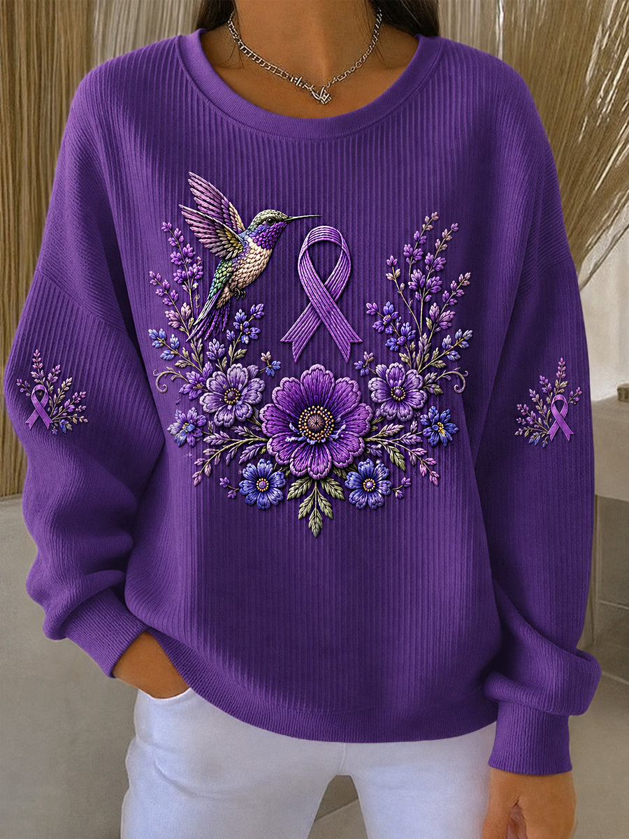 Sweat-shirt de soutien à la sensibilisation à la maladie d’Alzheimer pour femme, imprimé floral violet et colibris