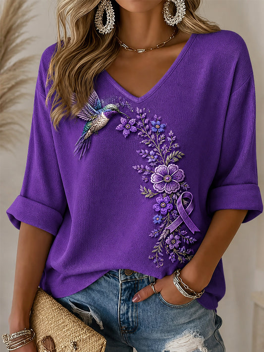 T-shirt demi-manches à col en V pour femmes, imprimé floral violet et colibris, en soutien à la sensibilisation à la maladie d’Alzheimer