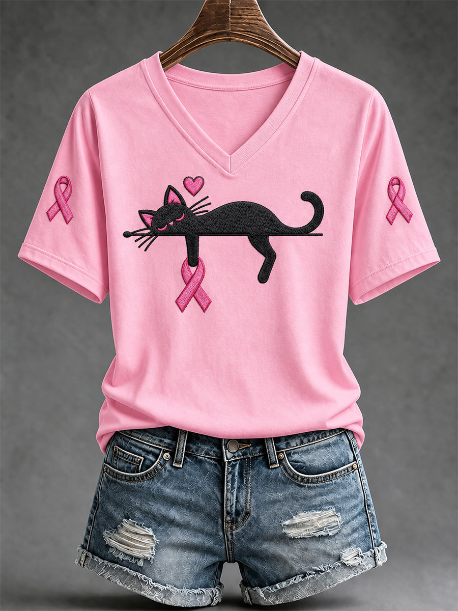 T-shirt à col en V imprimé de soutien à la sensibilisation au cancer du sein chez les femmes