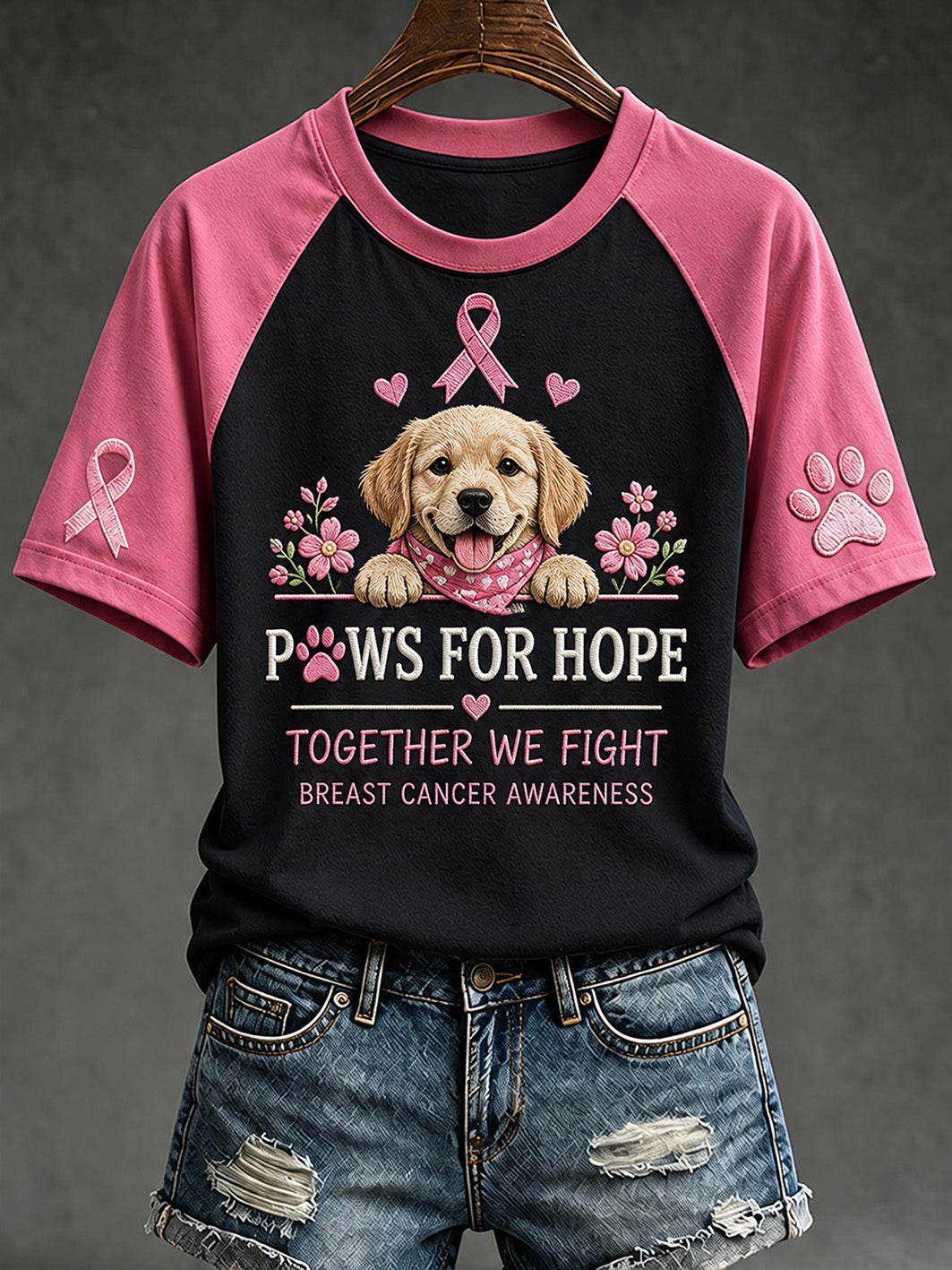 T-shirt décontracté à manches courtes imprimé d’un motif de chiot, soins contre le cancer du sein chez la femme