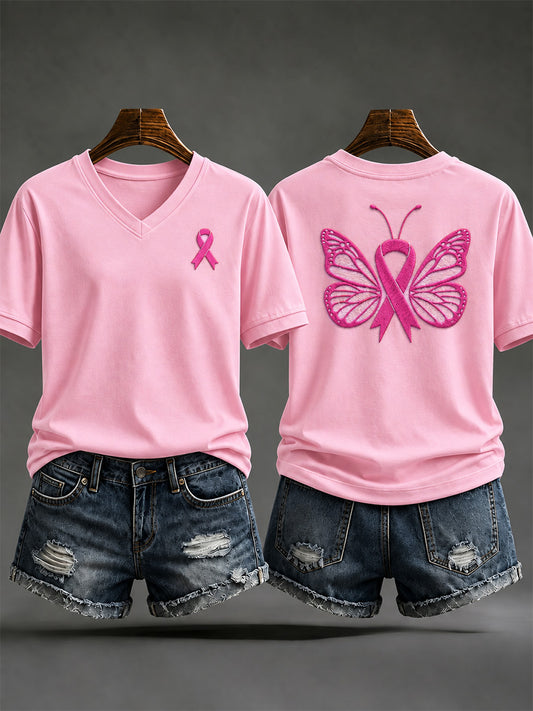 T-shirt à col en V imprimé Soutien de sensibilisation au cancer du sein pour femmes