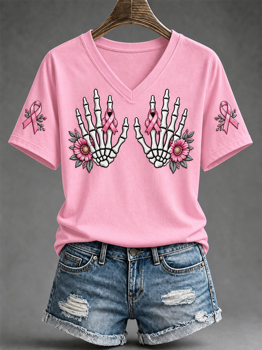 T-shirt à col en V imprimé de soutien à la sensibilisation au cancer du sein chez les femmes