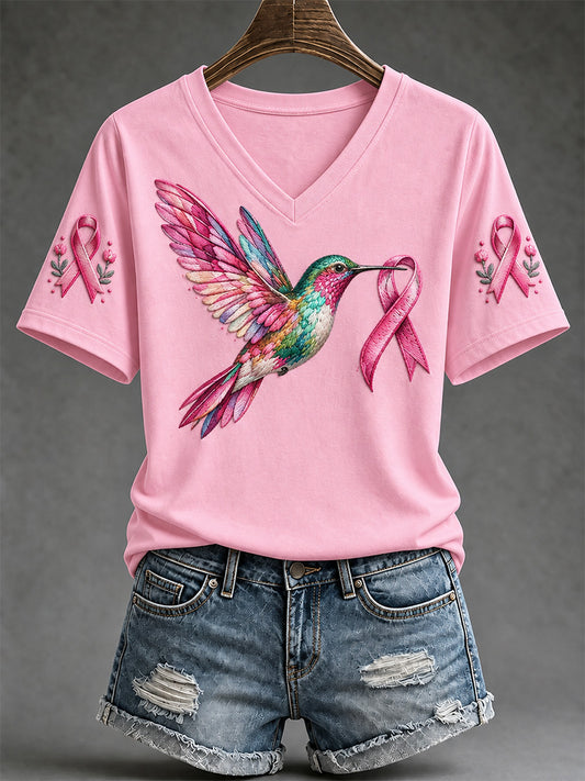 T-shirt à col en V imprimé de soutien à la sensibilisation au cancer du sein chez les femmes