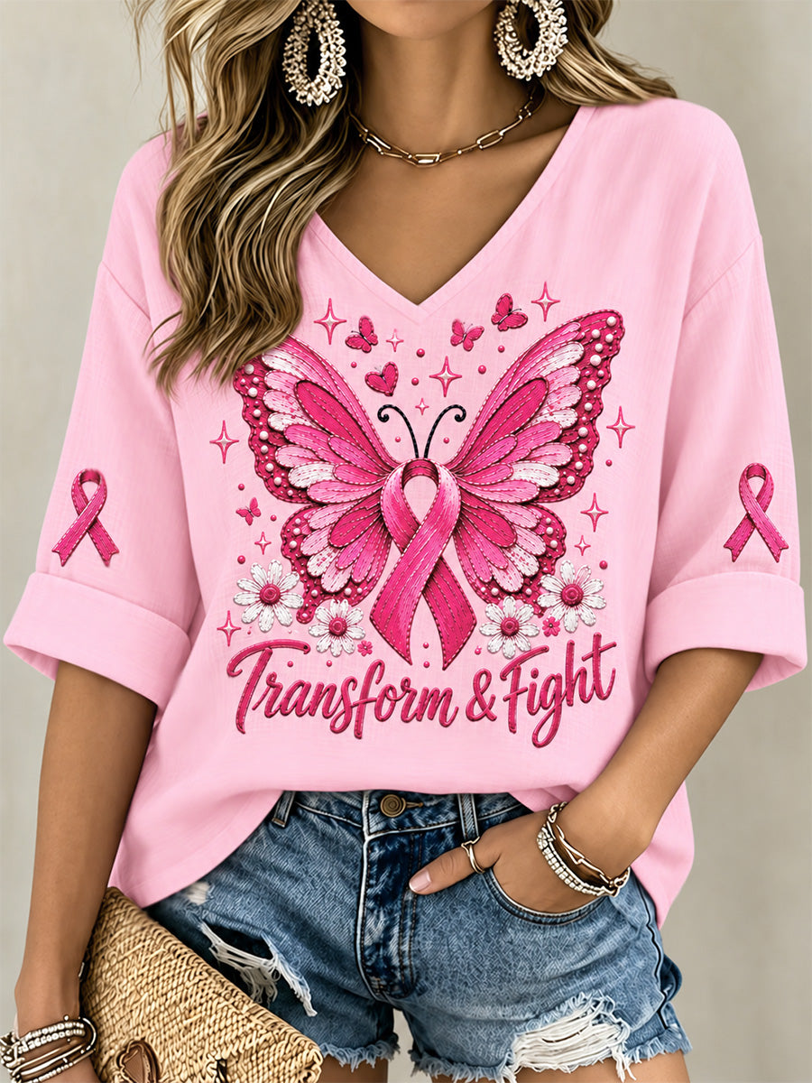 T-shirt à col en V imprimé de soutien à la sensibilisation au cancer du sein chez les femmes