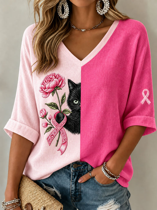T-shirt pour femmes contre le cancer du sein, motif chat noir, manches mi-longues, col en V