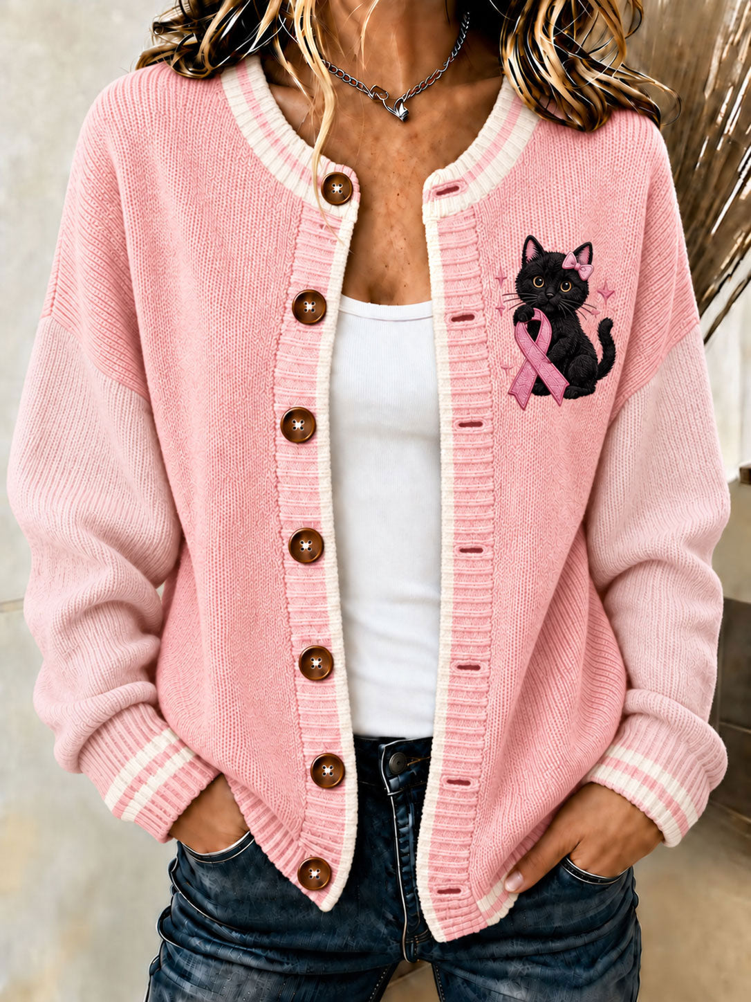 Veste en tricot façon cardigan femme chat noir cancer du sein