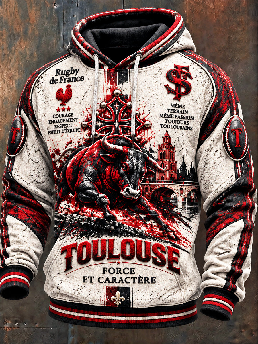 Sweat-shirt à capuche décontracté imprimé Rugby Toulouse Français Vintage pour homme