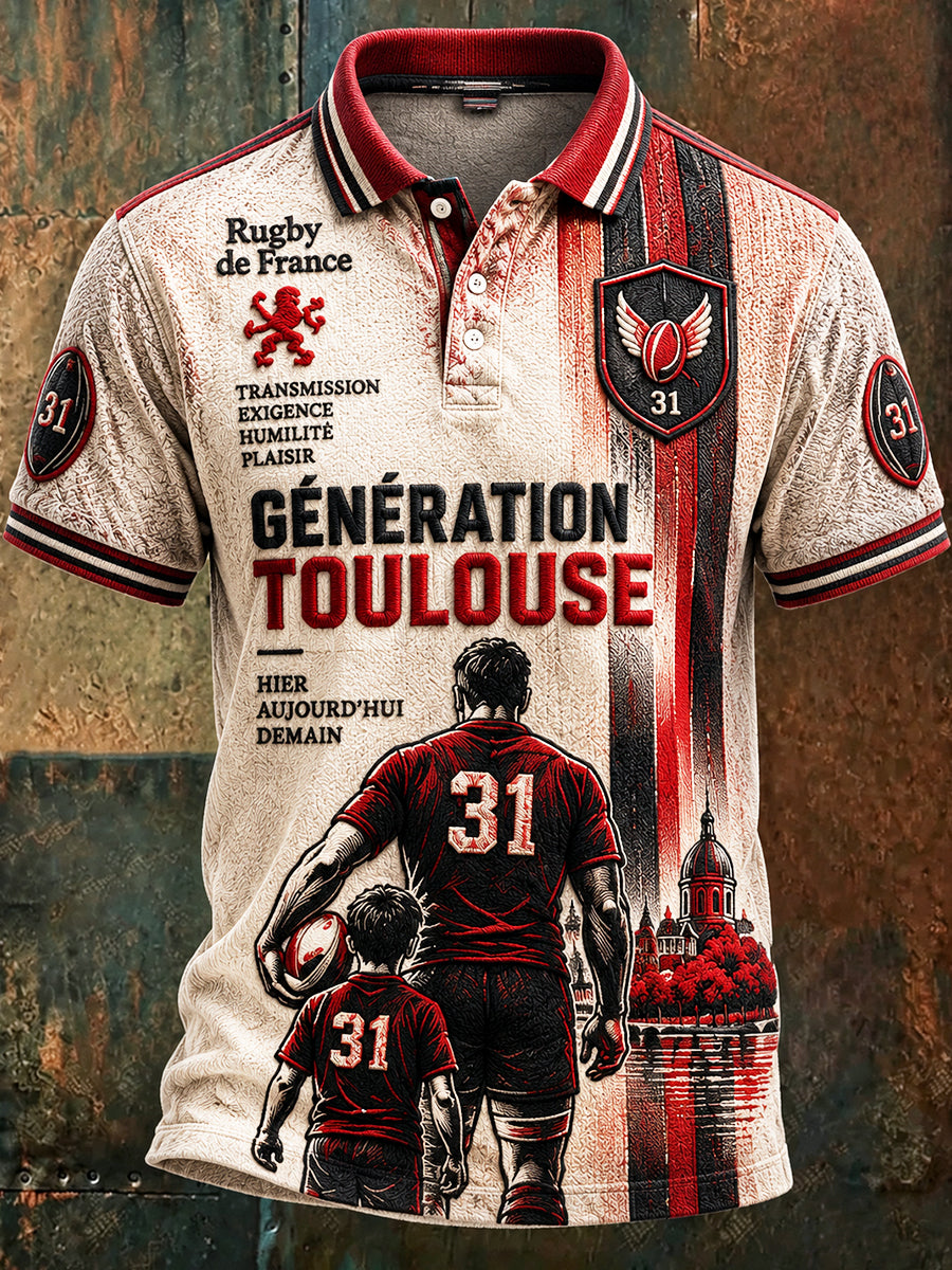 Polo décontracté à imprimé rugby Toulouse français vintage pour homme
