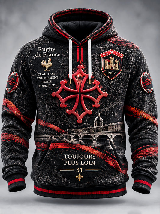 Sweat-shirt à capuche décontracté imprimé français Toulouse Rugby noir pour homme