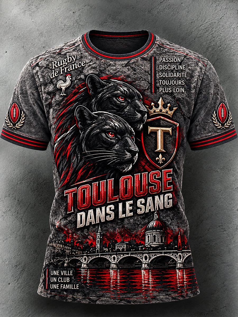 T-shirt Décontracté Homme Gris Foncé Imprimé Rugby Toulouse