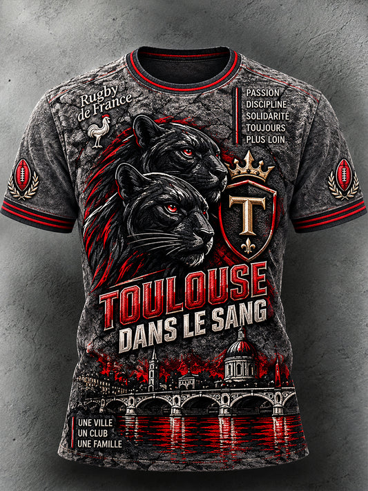 T-shirt Décontracté Homme Gris Foncé Imprimé Rugby Toulouse