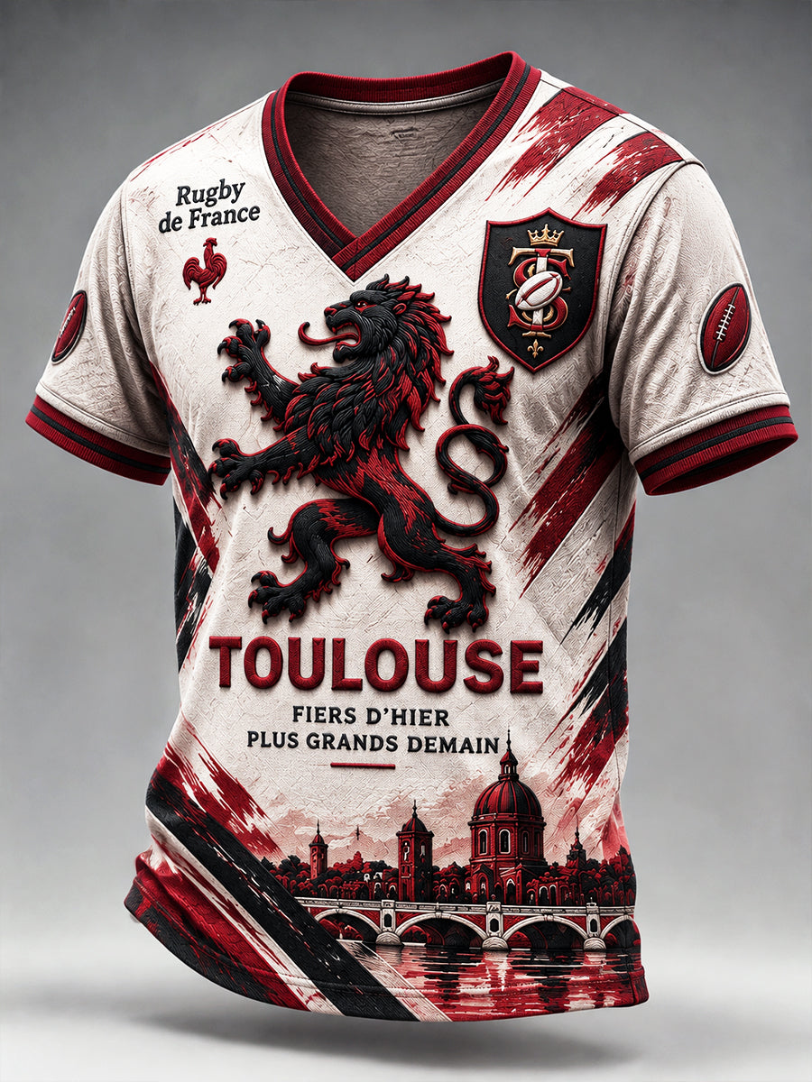 T-shirt décontracté à col en V et imprimé French Toulouse Rugby pour homme