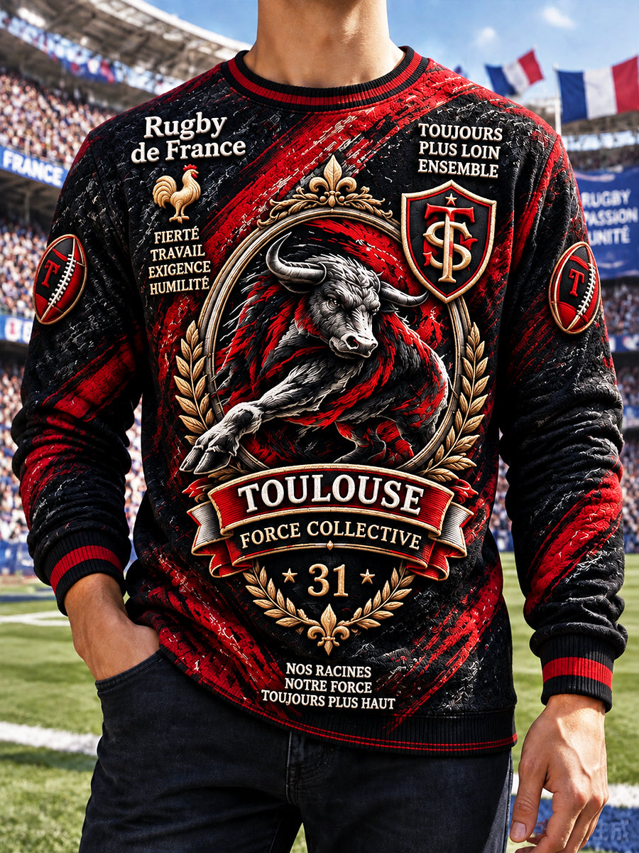 Sweat-shirt décontracté à imprimé French Toulouse Rugby Bulls pour homme