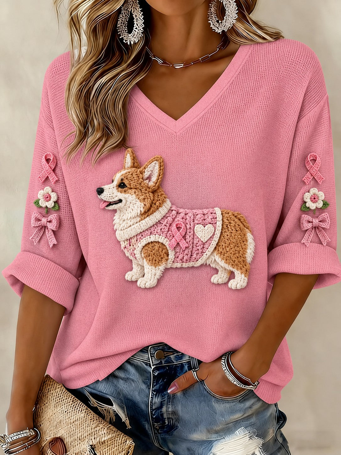 T-shirt à col en V à manches mi-longues imprimé pour femmes