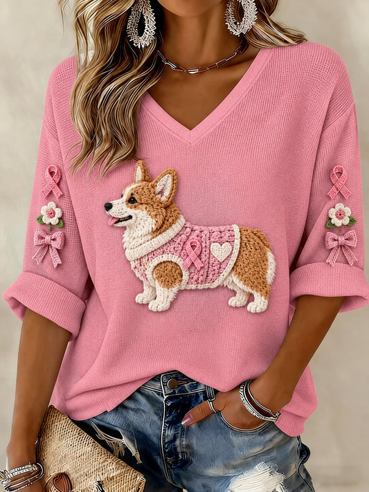 T-shirt à col en V à manches mi-longues imprimé pour femmes