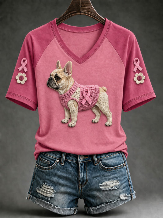T-shirt à col en V imprimé rose pour chien, prévention du cancer du sein chez les femmes