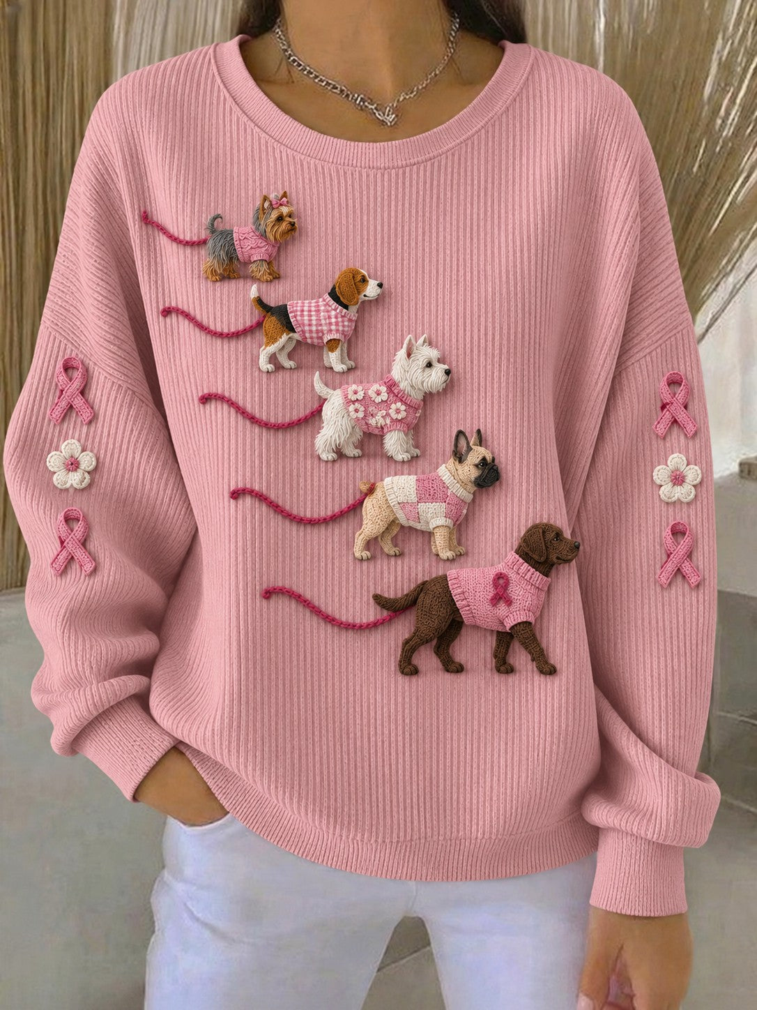 Sweat-shirt imprimé pour femmes avec motif de chiens et cancer du sein