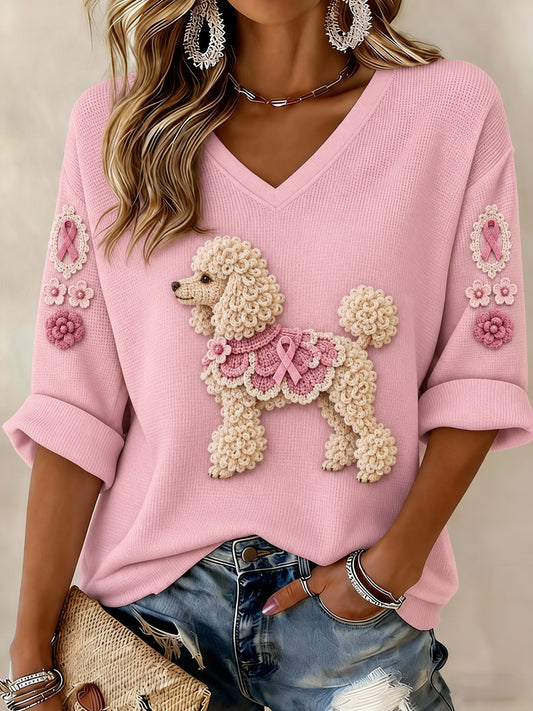 T-shirt à manches mi-longues et col en V pour femmes, imprimé motif chien sur le thème du cancer du sein