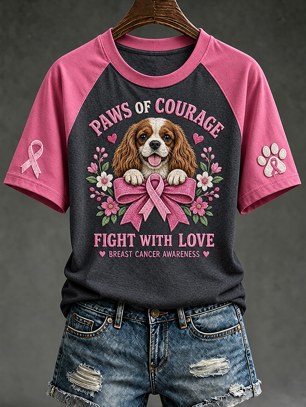 T-shirt décontracté à manches courtes imprimé d’un motif de chiot, soins contre le cancer du sein chez la femme