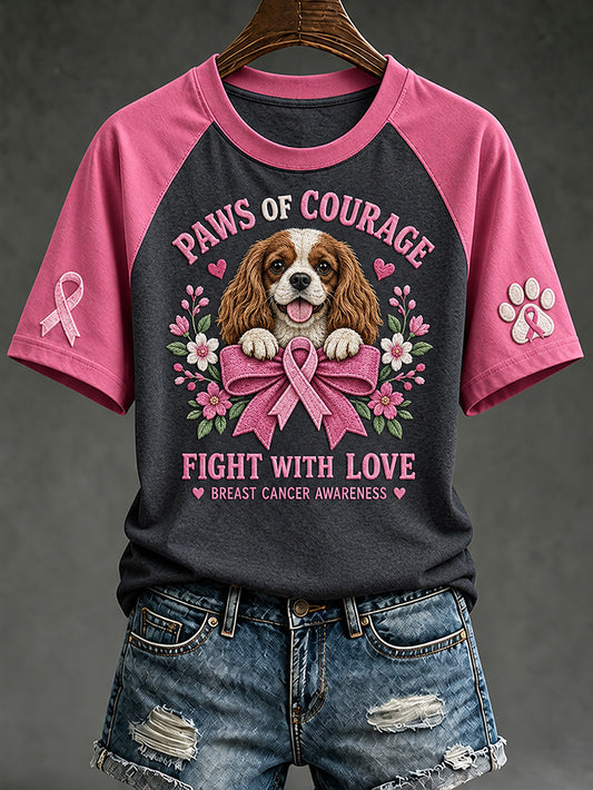 T-shirt décontracté à manches courtes imprimé d’un motif de chiot, soins contre le cancer du sein chez la femme