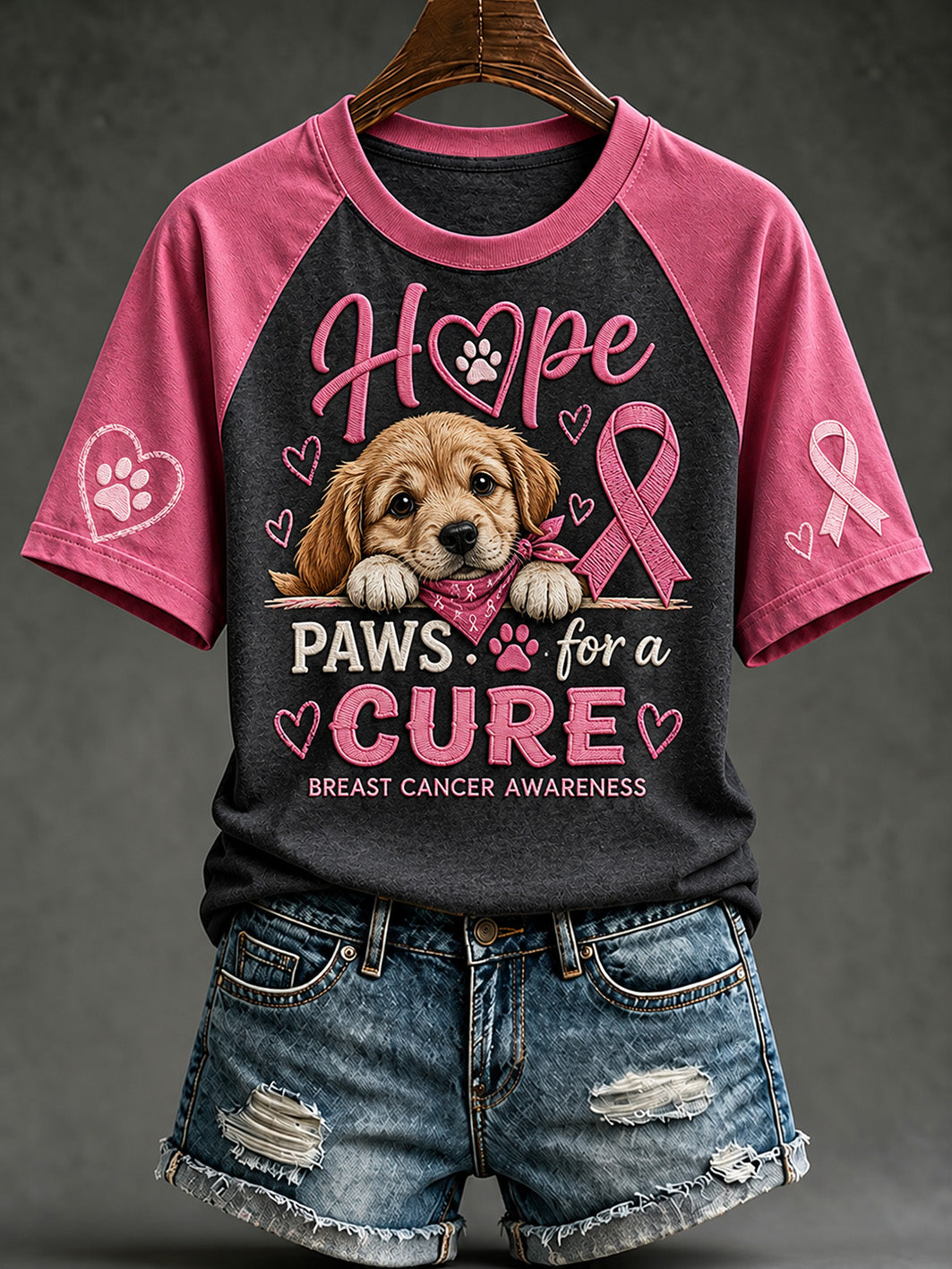 T-shirt décontracté à manches courtes imprimé d’un motif de chiot, soins contre le cancer du sein chez la femme