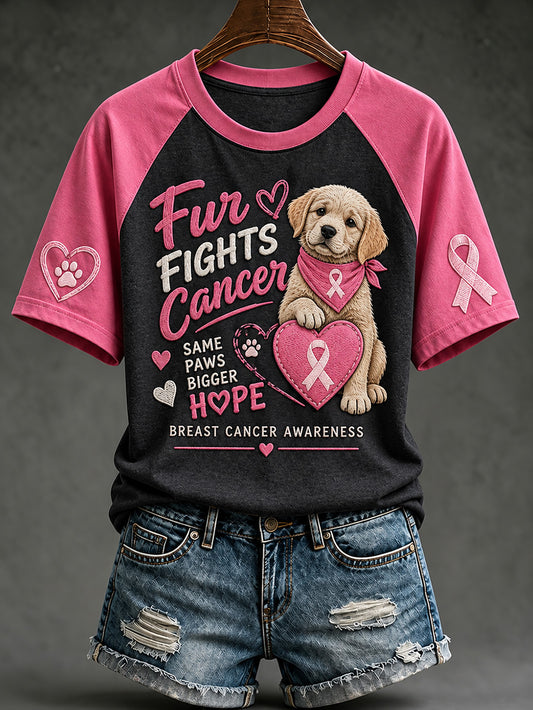 T-shirt décontracté à manches courtes imprimé d’un motif de chiot, soins contre le cancer du sein chez la femme