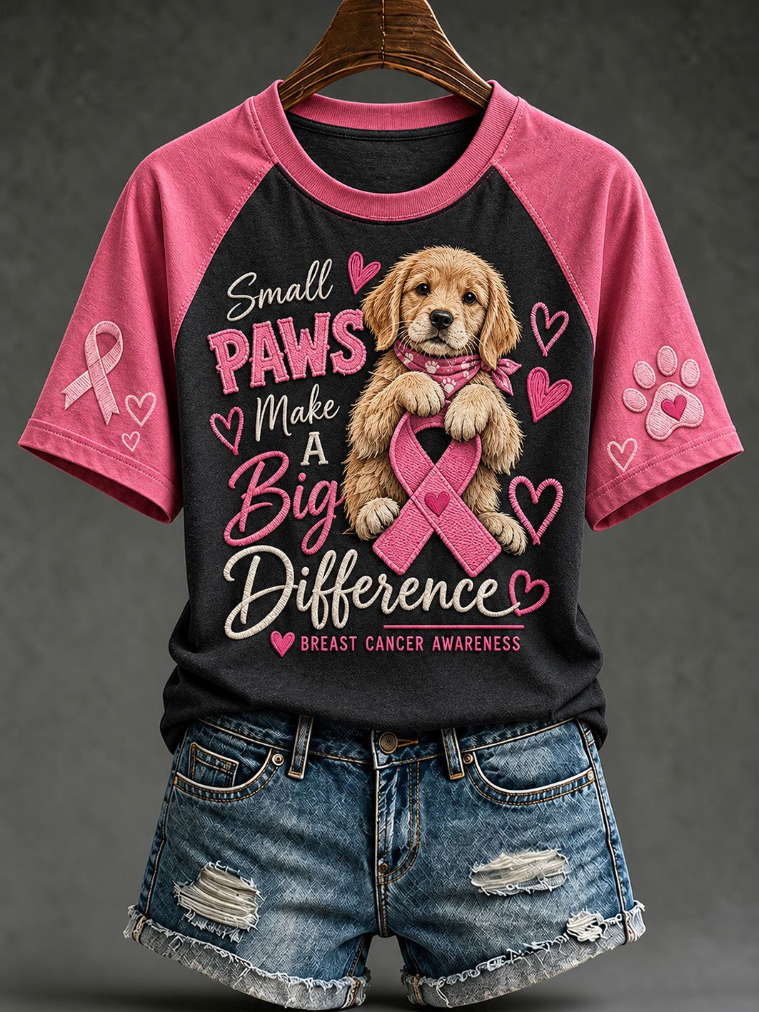 T-shirt décontracté à manches courtes imprimé d’un motif de chiot, soins contre le cancer du sein chez la femme