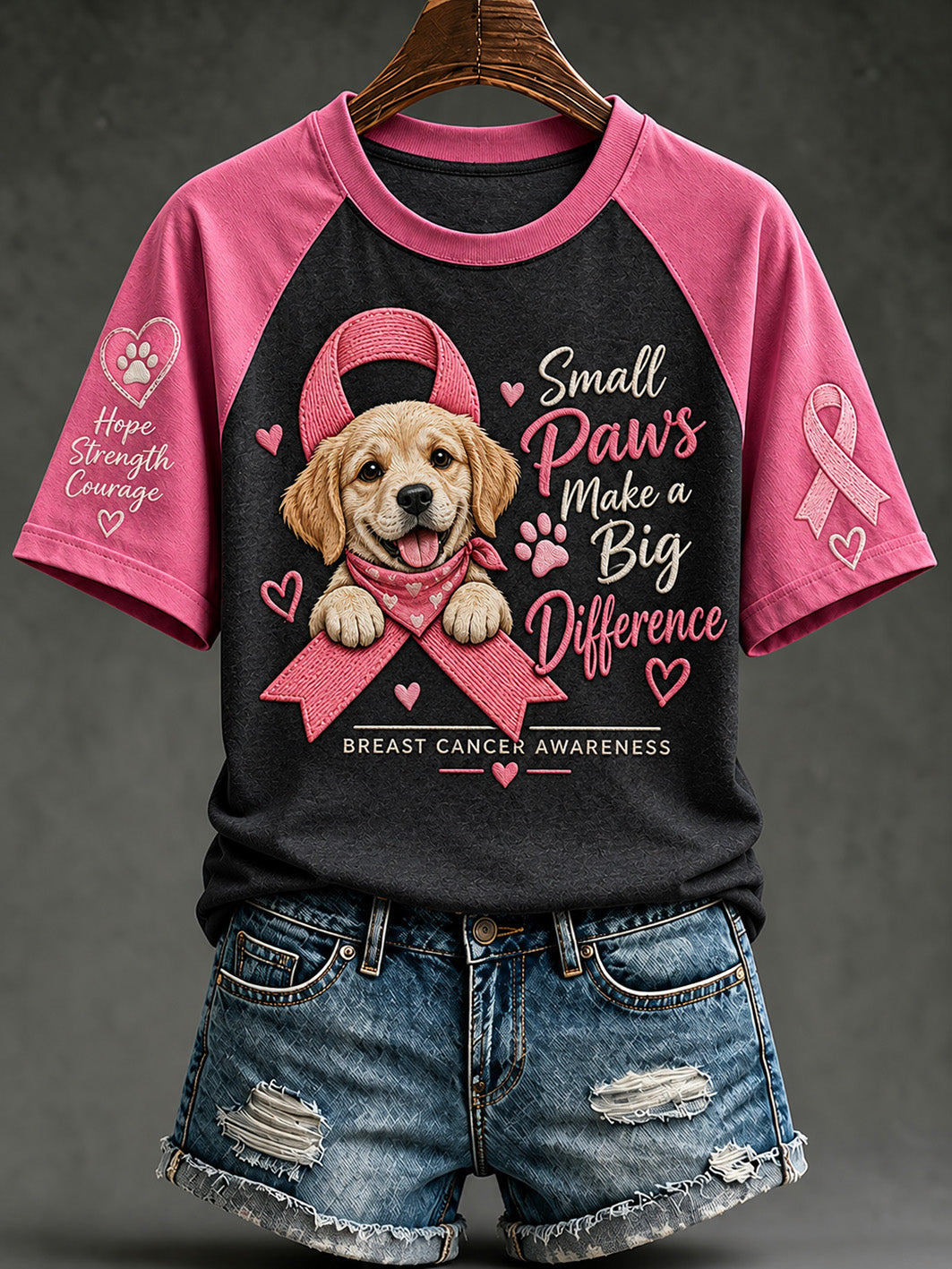 T-shirt décontracté à manches courtes imprimé d’un motif de chiot, soins contre le cancer du sein chez la femme