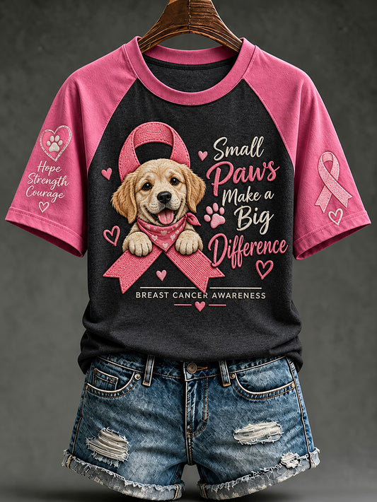 T-shirt décontracté à manches courtes imprimé d’un motif de chiot, soins contre le cancer du sein chez la femme