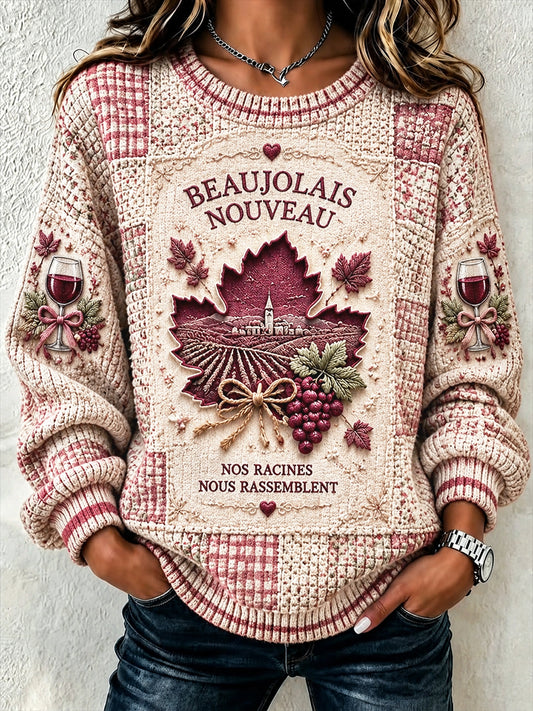 Femmes Français Beaujolais Nouveaux Imprimer Casual Carreaux Coton Sweatshirt