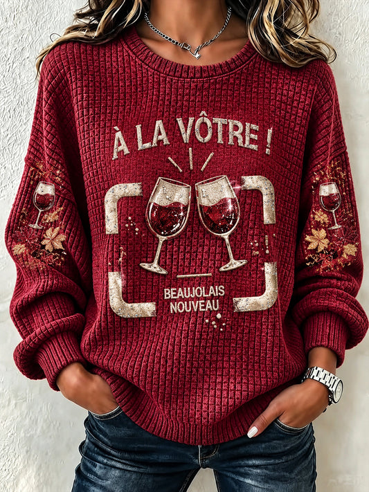 Femmes Rouge Français Beaujolais Nouveaux Imprimé Casual Carreaux Coton Sweatshirt