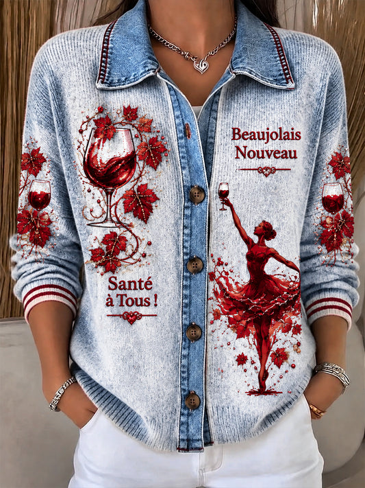 Femmes Français Beaujolais Nouveaux Imprimer Patchwork Veste décontractée