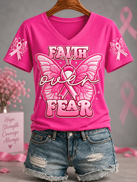 Femmes Rose Ruban Foi Sur La Peur Papillon Imprimé Soutien De Sensibilisation Au Cancer Du Sein Col En V
