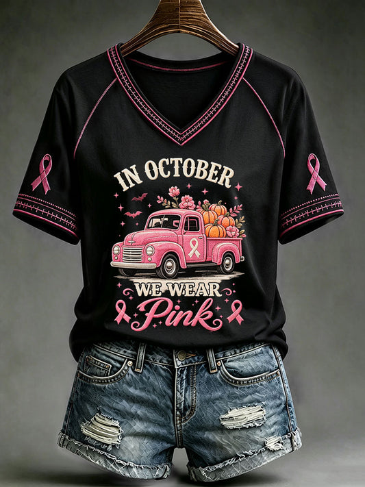 T-shirt rose col V In october We Wear pour femme