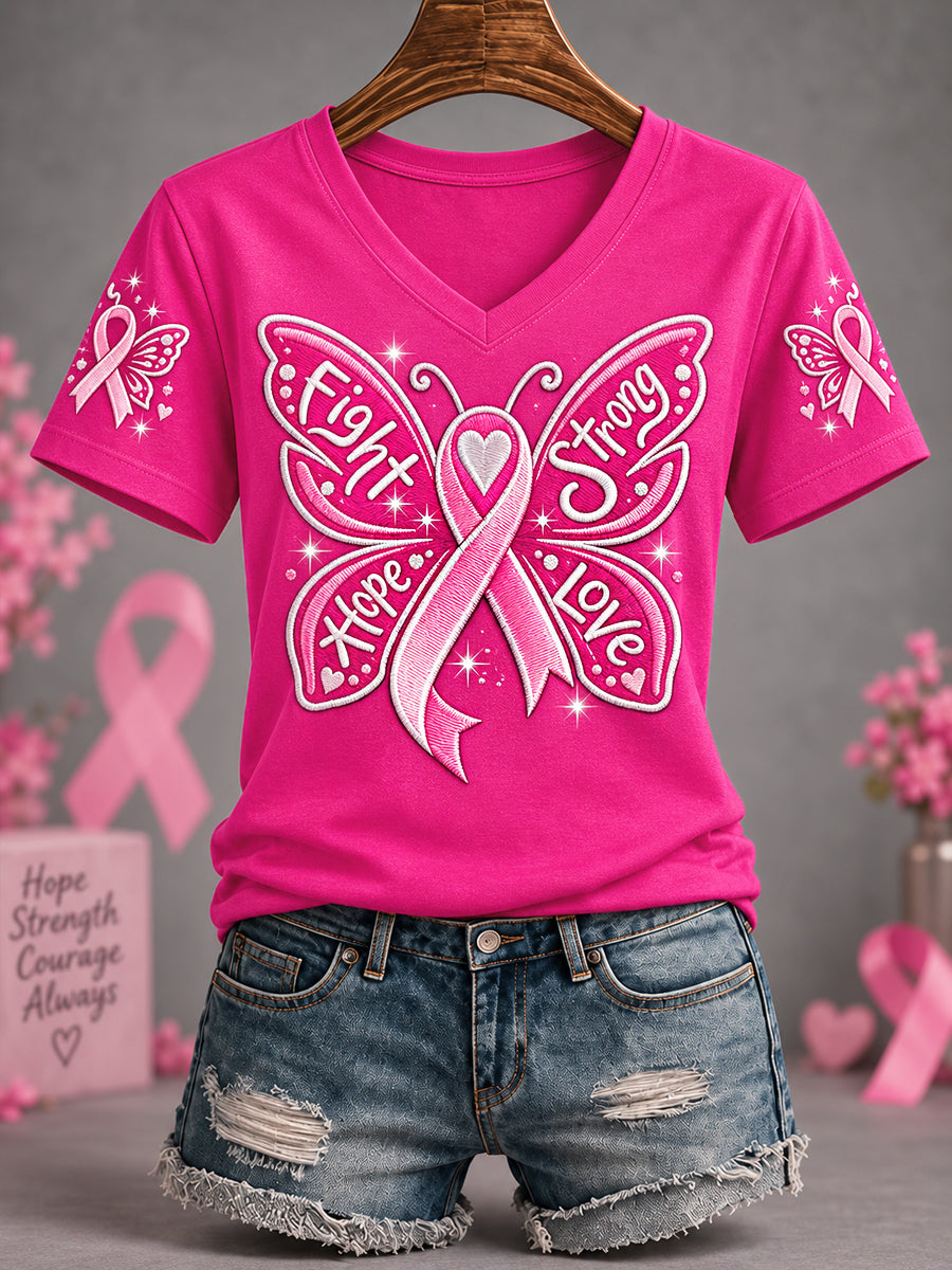 T-shirt à col en V pour femmes, imprimé papillon rose, ruban de sensibilisation au cancer du sein, message d’espoir et d’amour