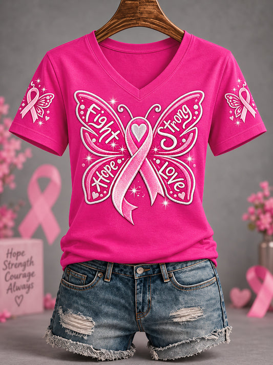 T-shirt à col en V pour femmes, imprimé papillon rose, ruban de sensibilisation au cancer du sein, message d’espoir et d’amour