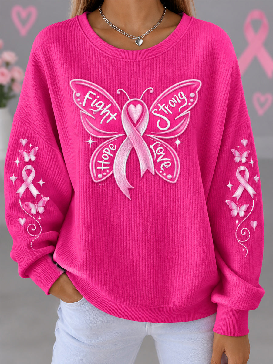 Femmes Rose Ruban Combat Forte Espoir Amour Papillon Impression Sensibilisation Au Cancer Du Sein Soutien Sweatshirt