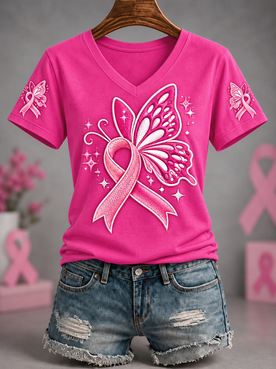 T-shirt à col en V pour femmes, imprimé papillon, ruban rose, sensibilisation au cancer du sein et espoir d’un traitement