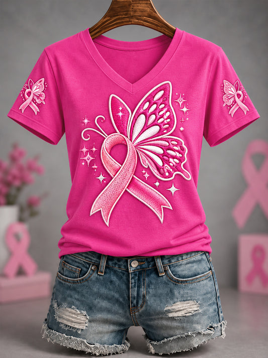 T-shirt à col en V pour femmes, imprimé papillon, ruban rose, sensibilisation au cancer du sein et espoir d’un traitement
