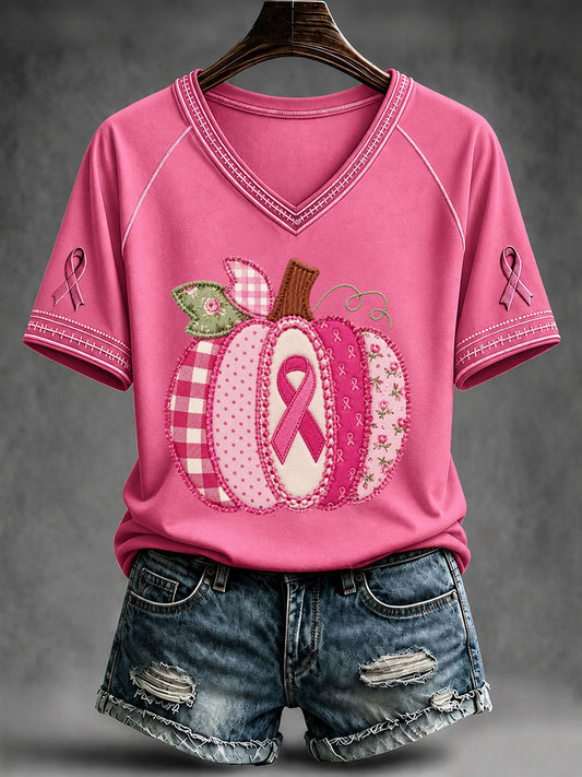 T-shirt Citrouille à col en V pour femmes, sensibilisation au cancer du sein
