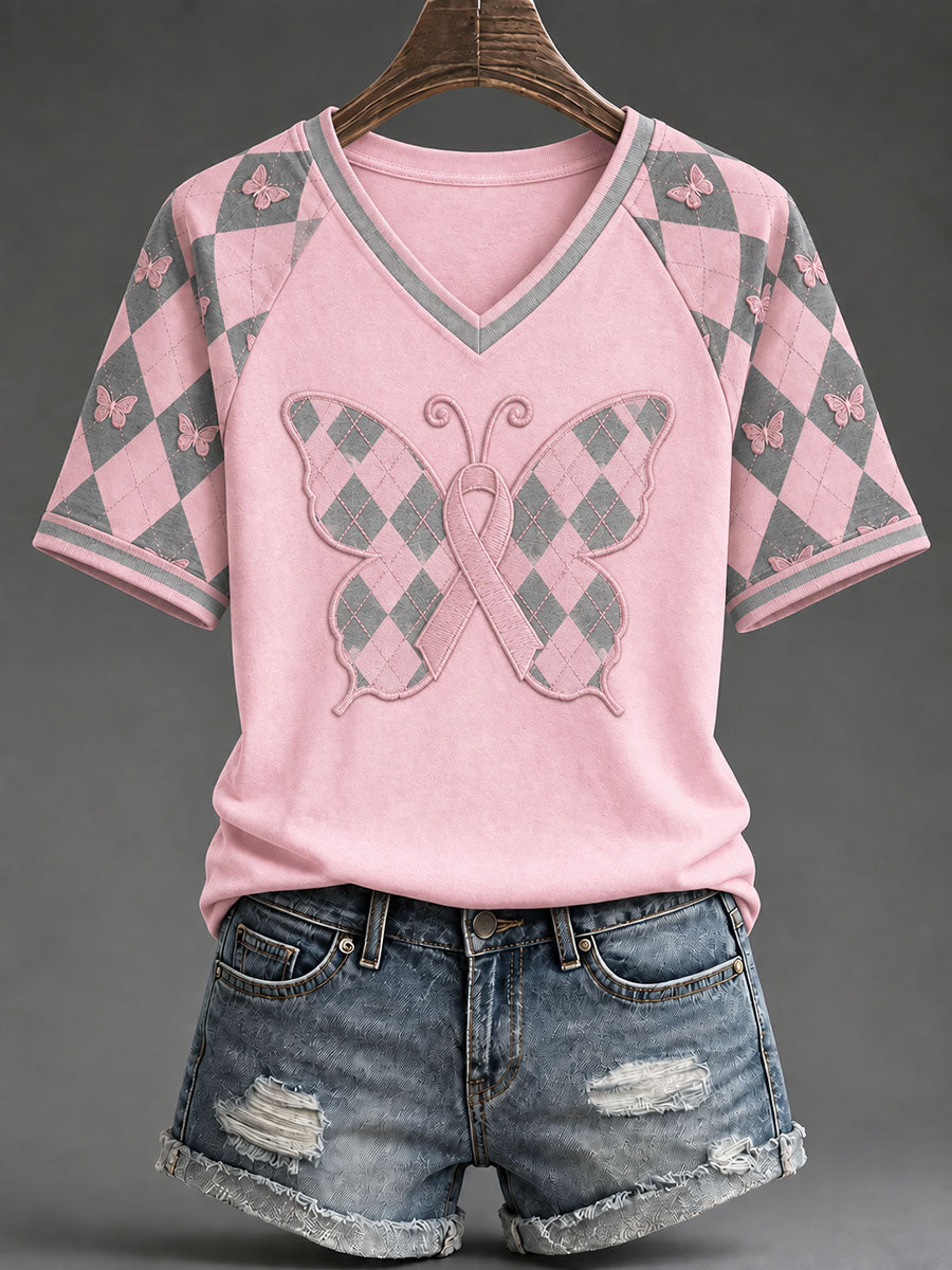 T-shirt décontracté à motif chevrons de style preppy, couleur rose pour femme