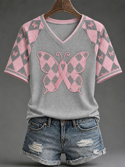 T-shirt décontracté à motif chevrons de style preppy, couleur rose pour femme