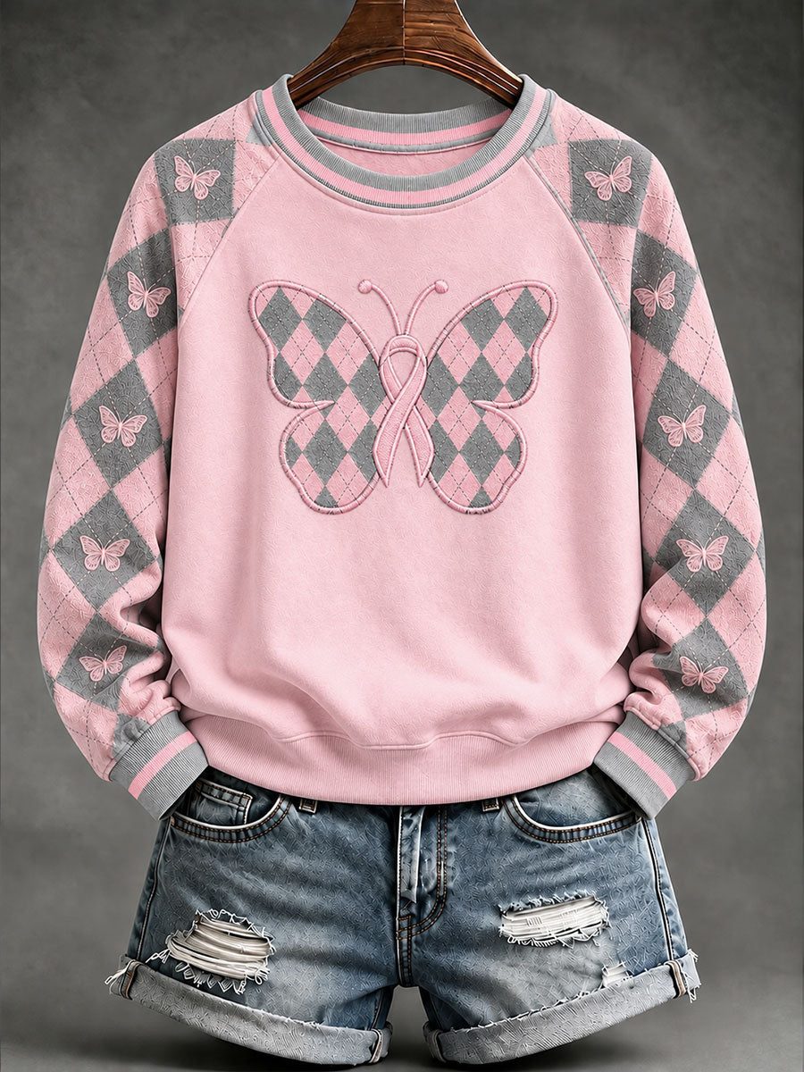 Sweat-shirt rose à manches raglan et motif chevrons, style preppy décontracté pour femme