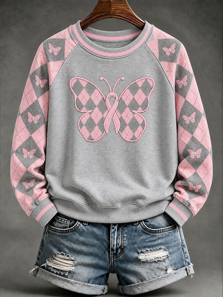 Sweat-shirt rose à manches raglan et motif chevrons, style preppy décontracté pour femme