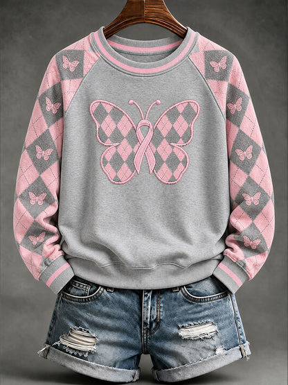 Sweat-shirt rose à manches raglan et motif chevrons, style preppy décontracté pour femme