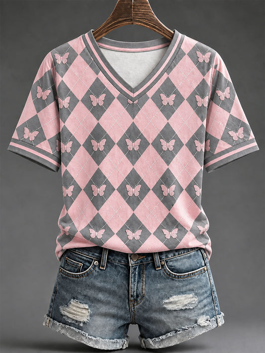 T-shirt décontracté à motif chevrons de style preppy, couleur rose pour femme