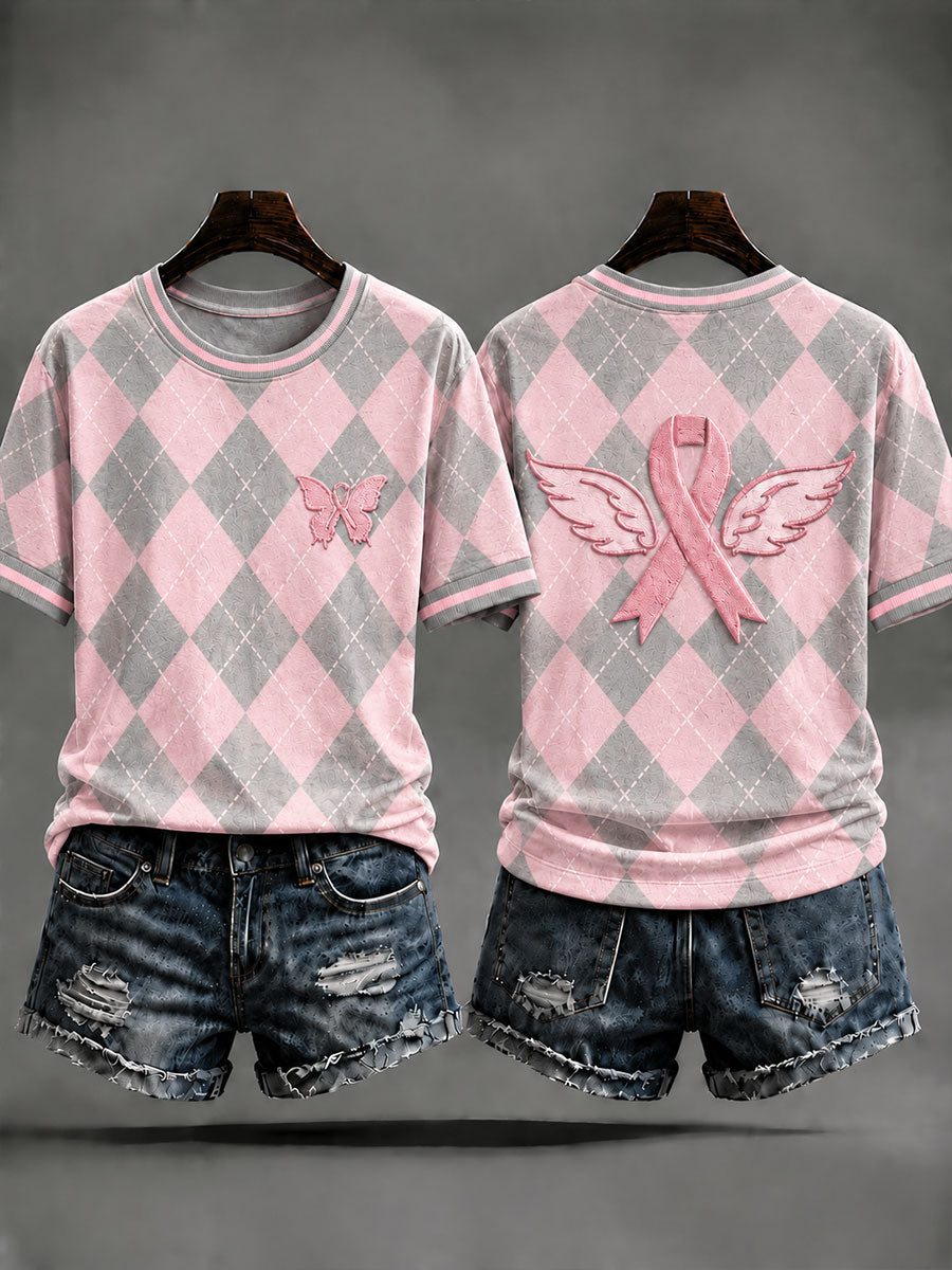 T-shirt décontracté à motif chevrons de style preppy, couleur rose pour femme
